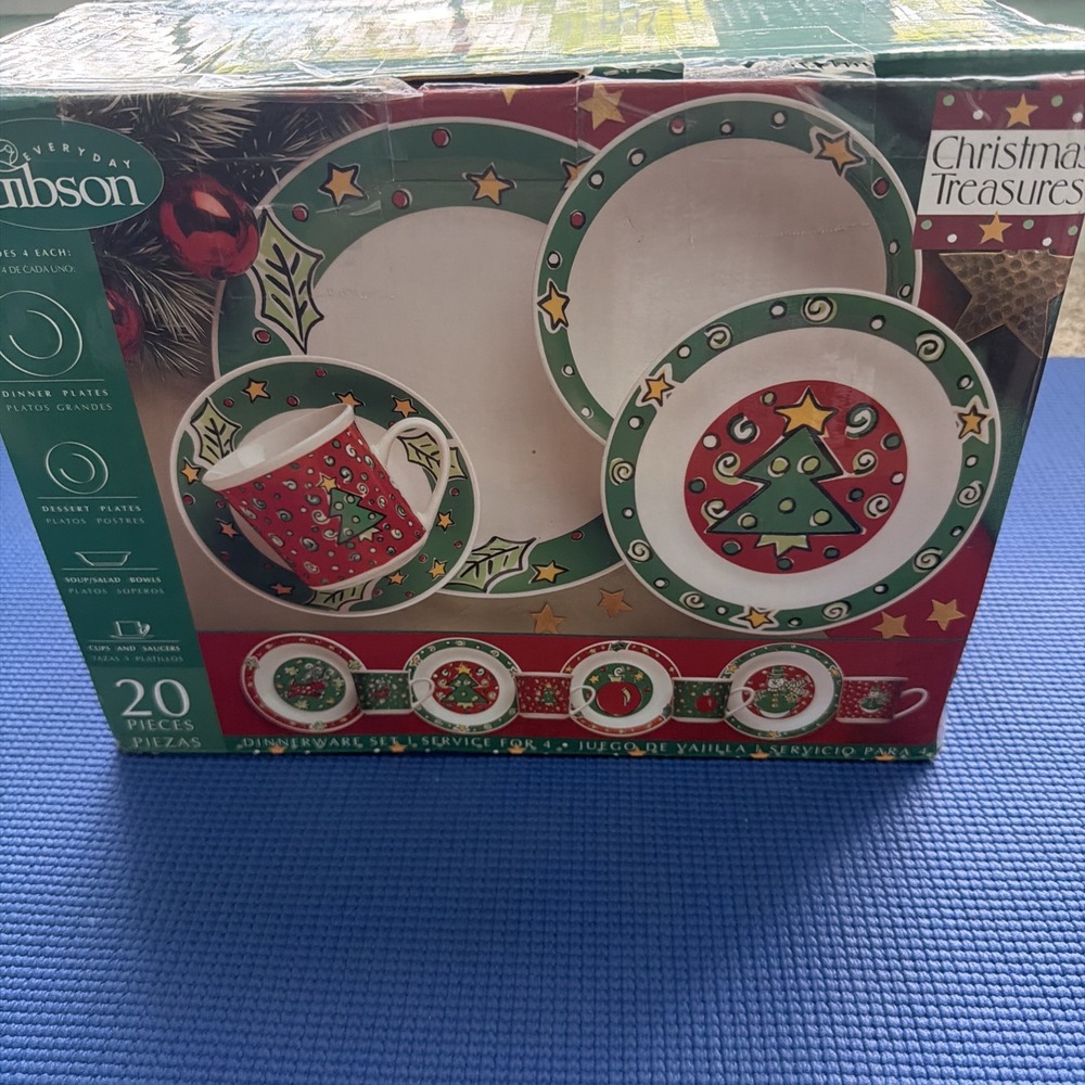 NEW Gibson Christmas Treasures Holiday Dinnerware 20pc Set Serving 4 W/Box Vtg